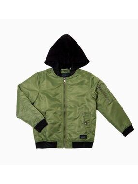 Kids Olive Green Removable Hooded Bomber Jacket Size Medium 10/12 With Pockets &
